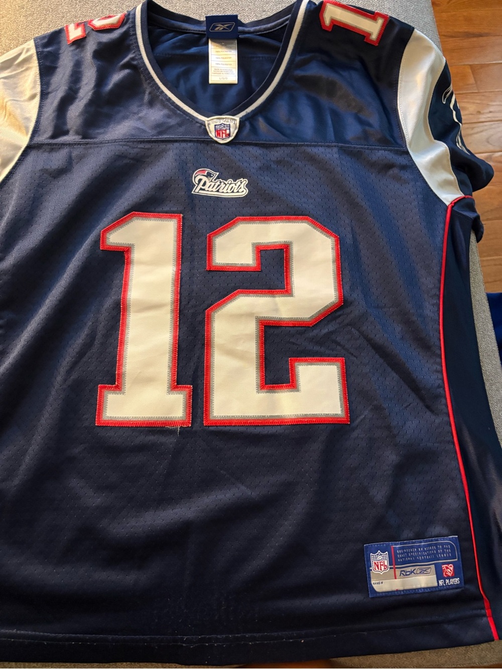 Reebok Navy, White and Red New England Patriots #12 Jersey